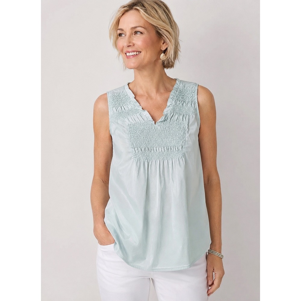 J Jill Womens XS Petite Silk Cotton Smocked‎ V-Neck Sleeveless Blouse Pale Blue